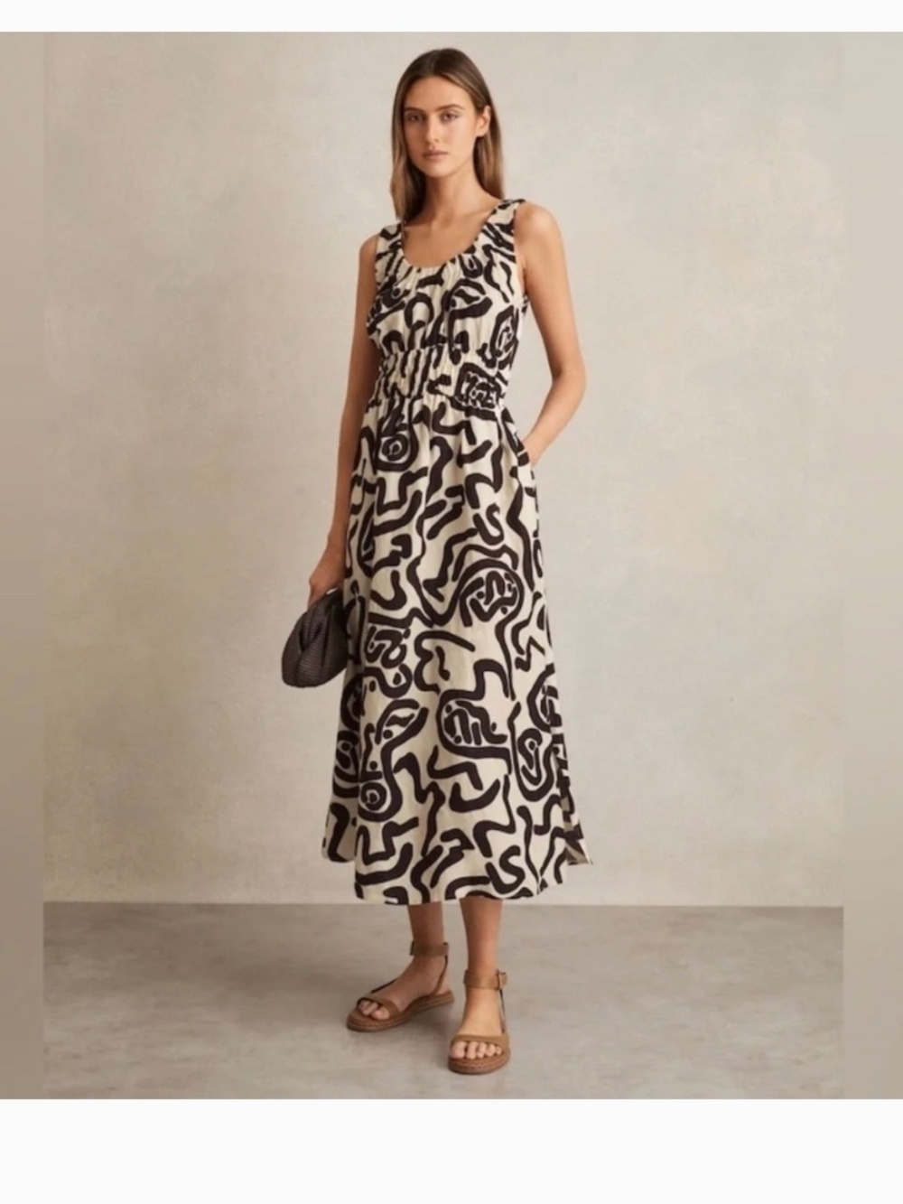 NWOT - Reiss Brown/Ivory Akari Linen-Blend Printed Shirred Midi Dress